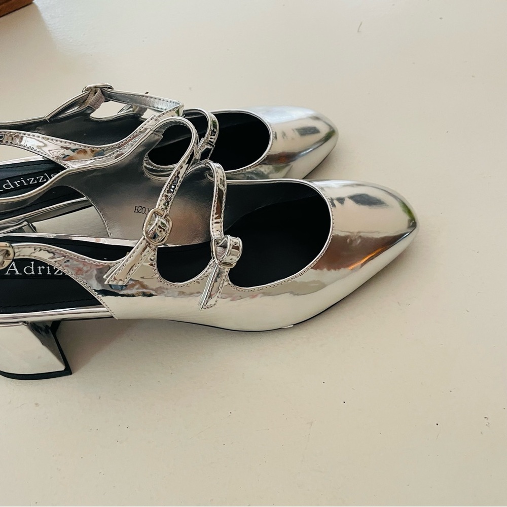 ADRIZZLEIN Silver Double Strap Sling Back Mary Janes - Picture 4 of 9